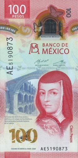 México MEX-P-W134(5-22)-2, 100 Pesos, 25-Mayo-2022,  Polímero, Juana Inés de la Cruz, UNC