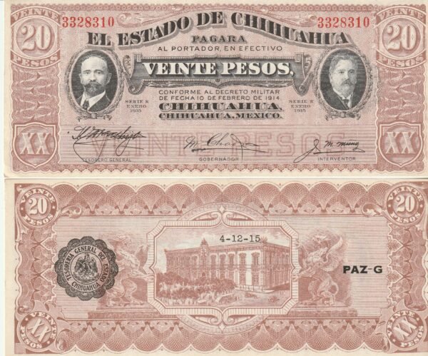 México MEX-P-S537b, 20 Pesos, 1915, Estado de Chihuahua, aUNC