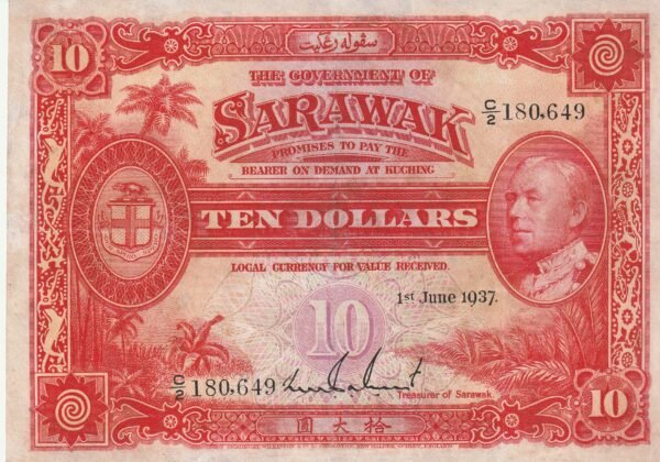 Sarawak SRW-P-22, 10$, 1-Junio-1937, Nº.- C/2-180649, Look Scand, VF+