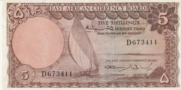 East African EAF-P-45, 5 Shillings, ND-1964, Nº.- d673411, Look Scand, XF+