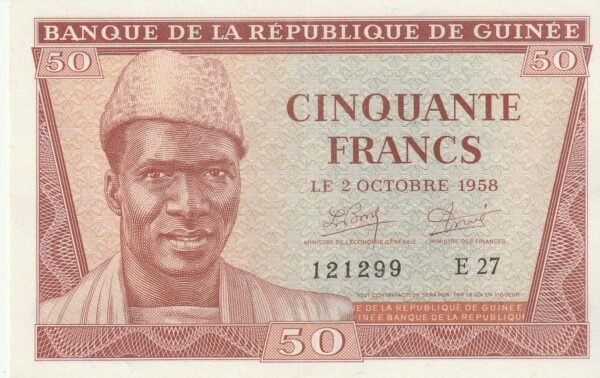Guinea GUI-P-6 50 Fcos., 1958, Nº 121299/E27, Look Scand, XF+