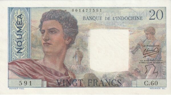 Nueva Caledonia-P-50a, 20 Fcos., ND-1951, Nº 001477591, Look Scand, XF++