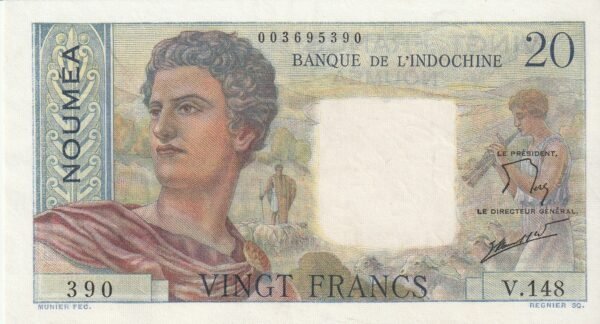 Nueva Caledonia-P-50c, 20 Fcos., ND-1963, Nº 003695390, Look Scand, XF++