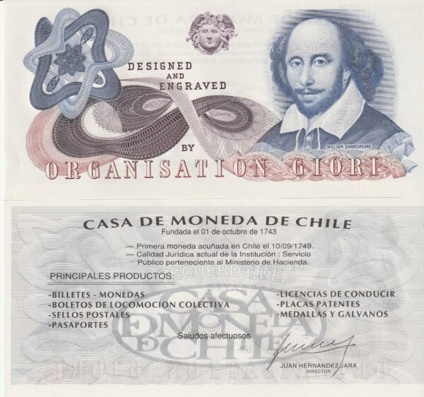 Chile CHL-P-Specimen, Diseño de William Shakespeare, grabado por la organización Giori, Look Scand, UNC