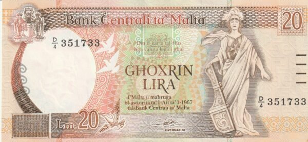 Malta MLT-P-48, 20 Liri, L. 1967 (1994),Nº.- 351733, Look Scand, XF+