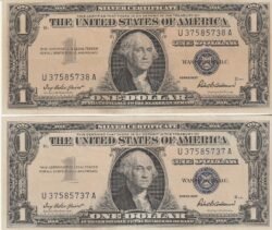 Estados Unidos USA-P-419, 1 $, 1957, Nº U37585737/8A, Pareja Correlativa, Look Scand, XF
