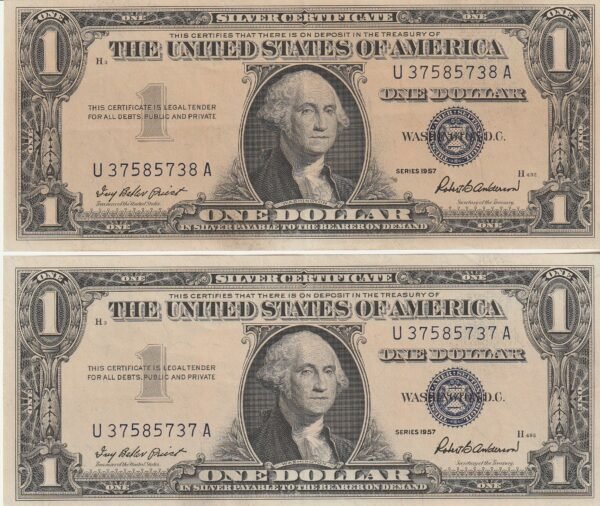 Estados Unidos USA-P-419, 1 $, 1957, Nº U37585737/8A, Pareja Correlativa, Look Scand, XF
