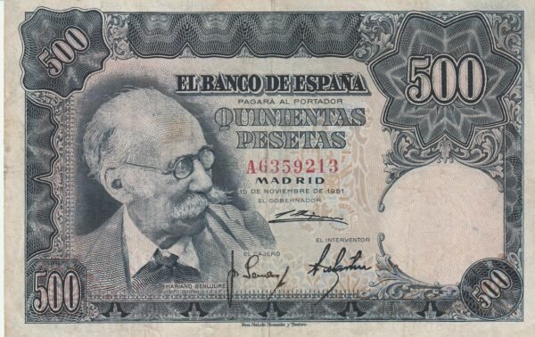 España ESP-P-142, 500 Ptas., 1951, Mariano Benlliure, Nº A6359213, Look Scand, VF