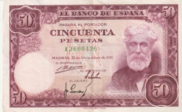 España ESP-P-141, 50 Ptas., 1951, Rusiñol, Look Scand, Nº A3660436, VF+