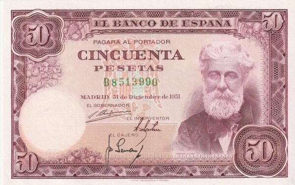 España ESP-P-141, 50 Ptas., 1951, Rusiñol, Look Scand, Nº B-8513990, Look Scand, UNC