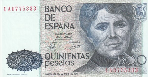 España ESP-P-157, 500 Ptas., 1979, Serie 1A, Look Scand, Rosalía de Castro, UNC