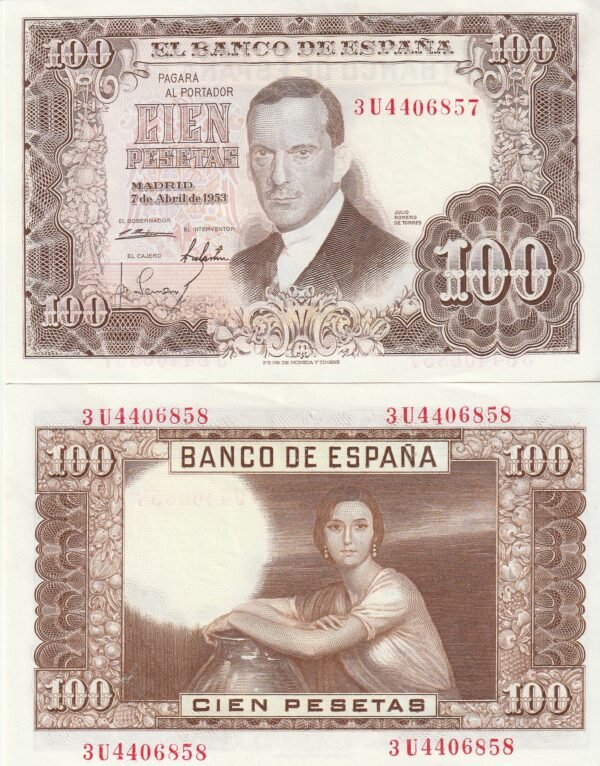 España ESP-P-145, 100 Ptas., 1953, Serie "3U", Julio Romero de Torres, UNC