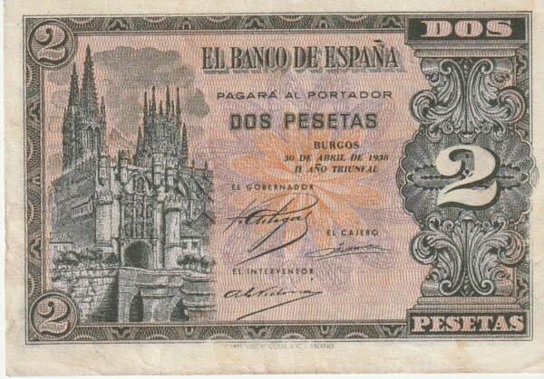 España ESP-P-109, 2 Ptas, 30-Abril-1938, Nº F-3886806, Look Scand, VF+