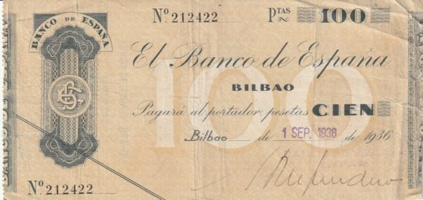 España ESP-P-S554g, 100 Ptas., Bco. de España (Bco. de Vizcaya), Nº 212422, Look Scand, Fine