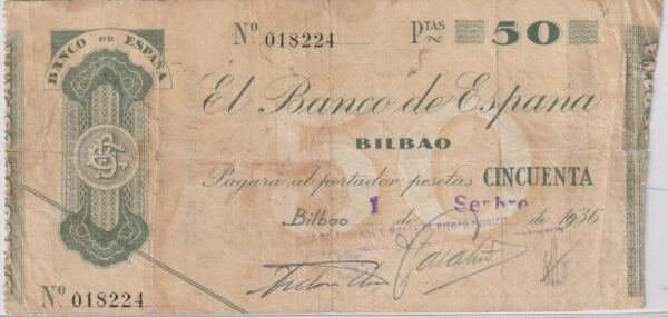 España ESP-P-S553i, 50 Ptas., Bco. de España (Bilbao-C.H.M.P.M), Nº 018224, Look Scand, Fine
