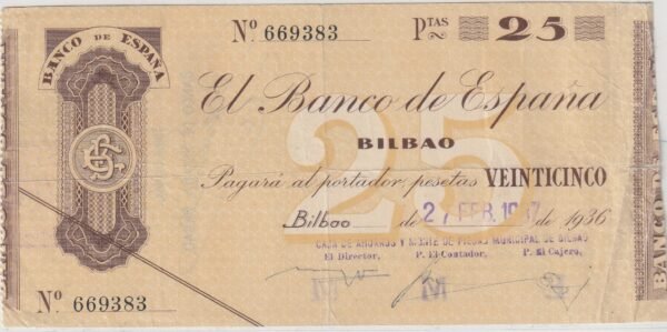 España ESP-P-S552i, 25 Ptas., Bco. de España (Bilbao-C.H.M.P.M), Nº 669383, Look Scand, Fine