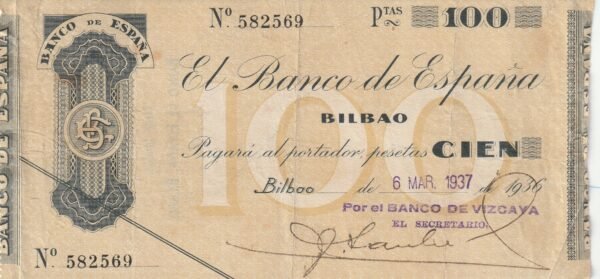 España ESP-P-S554g, 100 Ptas., Bco. de España (Bco. de Vizcaya), Nº 582569, Look Scand, VF+