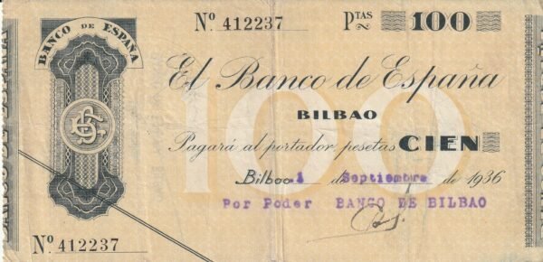 España ESP-P-S554a, 100 Ptas., Bco. de España (Bco. Bilbao), Nº 412237, Look Scand, VF