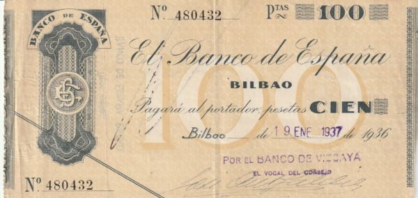 España ESP-P-S554g, 100 Ptas., Bco. de España (Bco. de Vizcaya), Nº 480432, Look Scand, VF