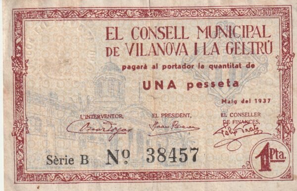 España ESP-Vilanova I Geltrú, 1 Ptas, 1937, Nº 38457, Look Scand,