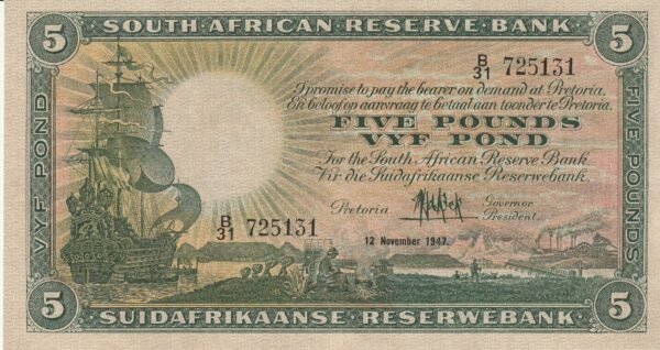 Sudafrica DSF-P-86c, 5 Pounds, 12-Nov.-1947, Nº B/31-725131, Look Scand, XF