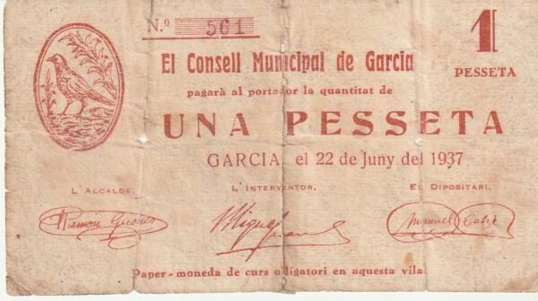 España ESP-García. 1 Pta., 1937, Look Scand, Nº 561, Fine