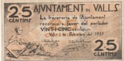 España ESP-Valls, 1937, 25 Ctmos., Look Scand, Nº 033754, XF