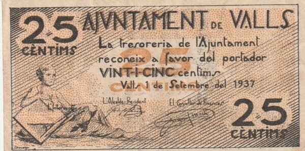 España ESP-Valls, 1937, 25 Ctmos., Look Scand, Nº 033754, XF