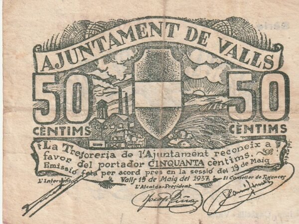 España ESP-Valls, 1937, 50 Ctmos., Look Scand, Serie A, Nº 019715, VF