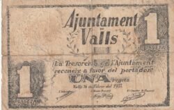 España ESP-Valls, 1 Ptas., 1937,  Look Scand, Serie D, Nº 007605, VF