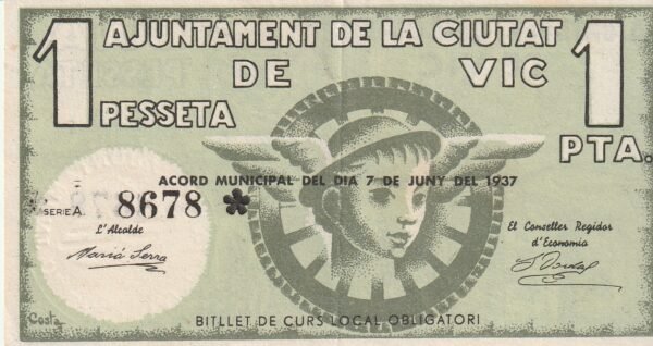 España ESP-Vic, 1 Pta., 1937, Nº 8678, Look Scand, XF+