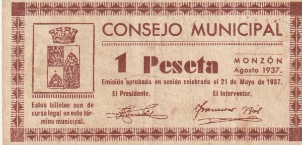España ESP-Monzón, 1 Ptas., 1937, Serie A, Nº 01325, Look Scand, XF
