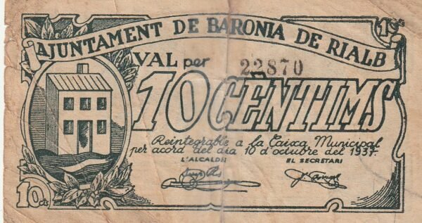 España ESP-Rialb, 10 Ctmos., 1937, Nº  22870, Look Scand, Fine