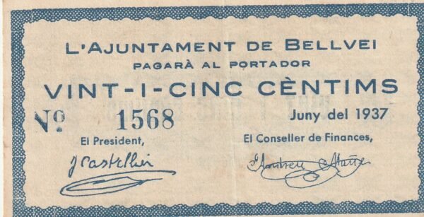 España ESP-Bellvei, 25 Ctmos., 1937, Nº 1568, Look Scand, XF+