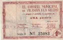 España ESP-Vilanova I La Geltrú, 1 Ptas., 1937. Nº 25083, Lookm Scand, XF