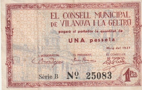 España ESP-Vilanova I La Geltrú, 1 Ptas., 1937. Nº 25083, Lookm Scand, XF