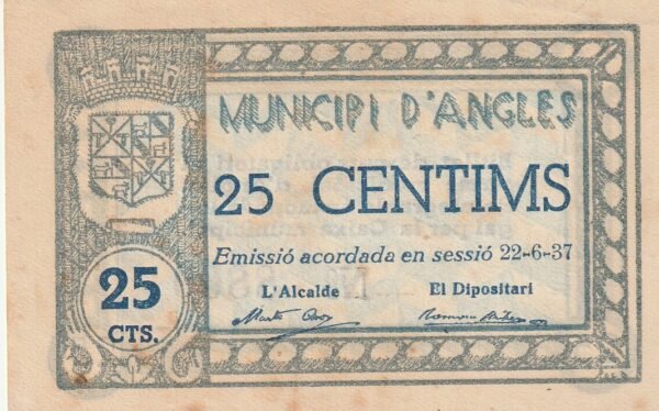 España ESP-d'Angles, 25 Ctmos., 1937, Look Scand, Nº 8869, XF