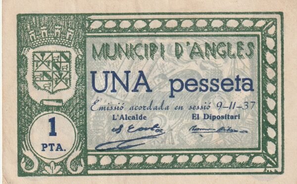 España ESP-D'Angles, 1 Ptas., 1937, Look Scand, Nº 0863, aUNC