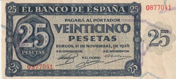 España ESP-P-99, 25 Ptas., Burgos, Nº-O-877041, Look Scand, VF+