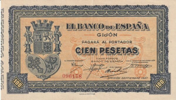 España ESP-P-S580, 100 Ptas., Bco. España-Gijón, Nº 096178, Look Scand, VF+
