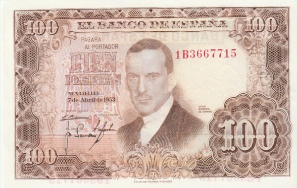 España ESP-P-145, 100 Ptas., 1953, Serie "1B", Julio Romero de Torres, Look Scand, UNC