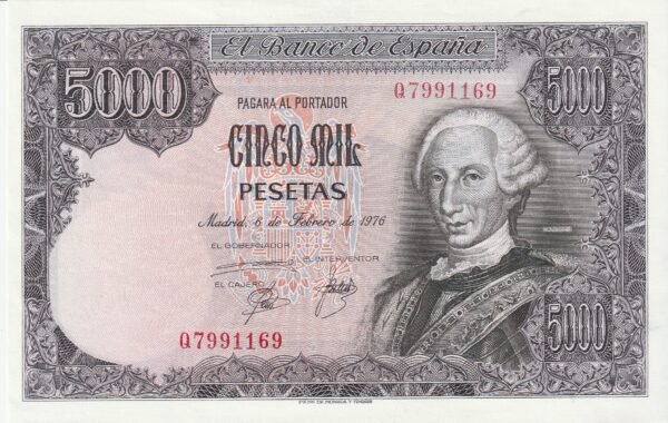 España ESP-P-155 "Q", 5.000 Ptas., Serie Q7991169, Carlos III, Look Scand, aUNC