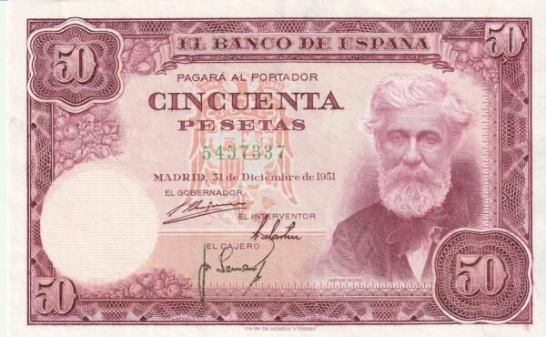 España ESP-P-141, 50 Ptas., 1951, Rusiñol, Look Scand, Serie 5457337, XF++