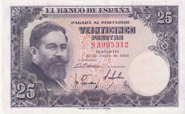 España ESP-P-147,  25 Ptas., 22-Julio-1954, Isaac Albeniz, Serie N, Nº N3995312,Look Scand, XF