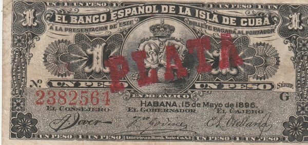 Cuba CUB-P-47b, 1 Peso, 1896, Resello en ROJO "PLATA", Look Scand, XF