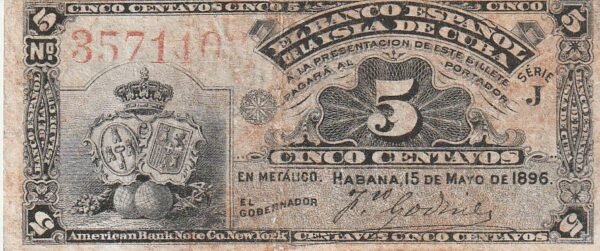 Cuba CUB-P-45a, 5 Ctvos.,1896, Look Scand, Fine