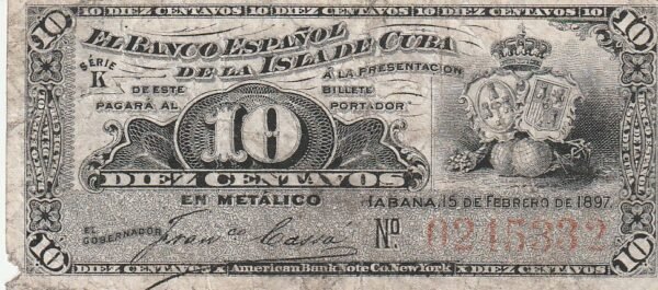 Cuba CUB-P-52a, 10 Ctvos.,1896, Look Scand, Fine