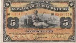 Cuba CUB-P-48b, 5 Pesos., 1896, Resello en ROJO "PLATA", Look Scand, XF