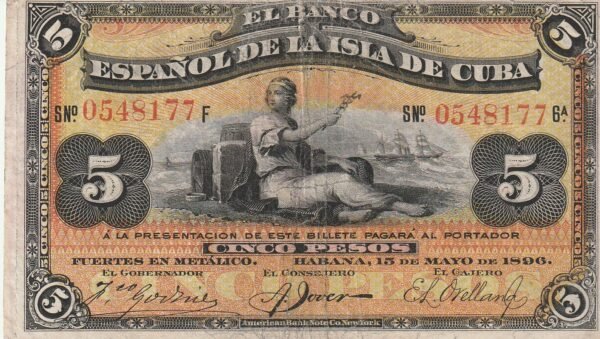 Cuba CUB-P-48b, 5 Pesos., 1896, Resello en ROJO "PLATA", Look Scand, XF