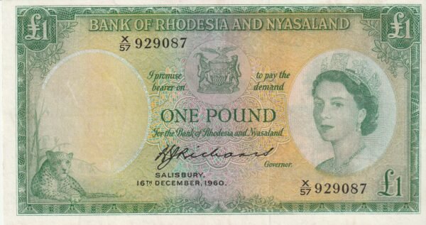 Rhodesia & Nyasaland RNY-P-21b, 1 Pound, Nº.- X/57-929087, Look Scand, XF